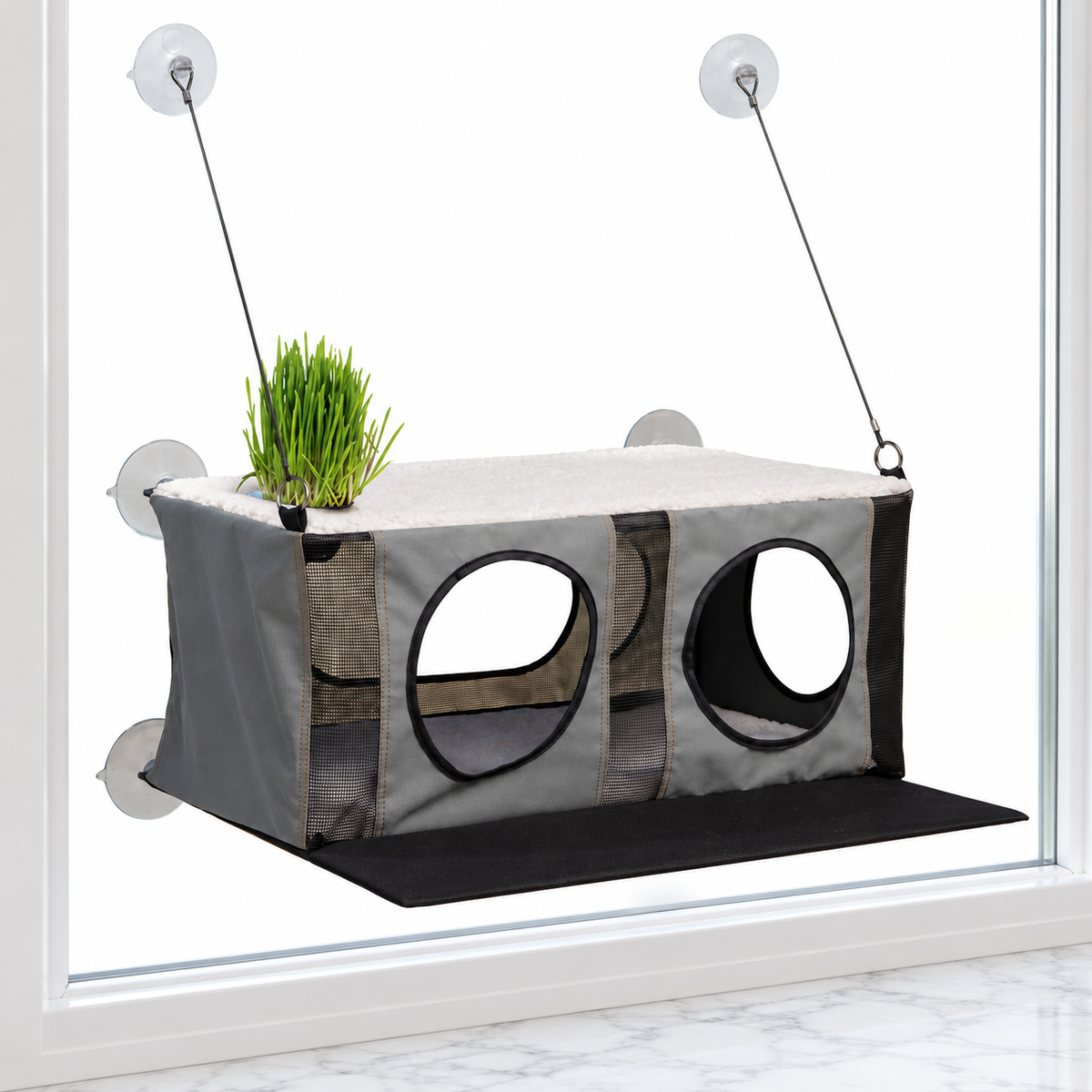 EZ Mount Penthouse Cat Perch with Grass Grow Station — hero marble