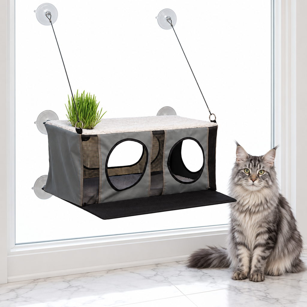 EZ Mount Penthouse Cat Perch with Grass Grow Station — maine coon silver