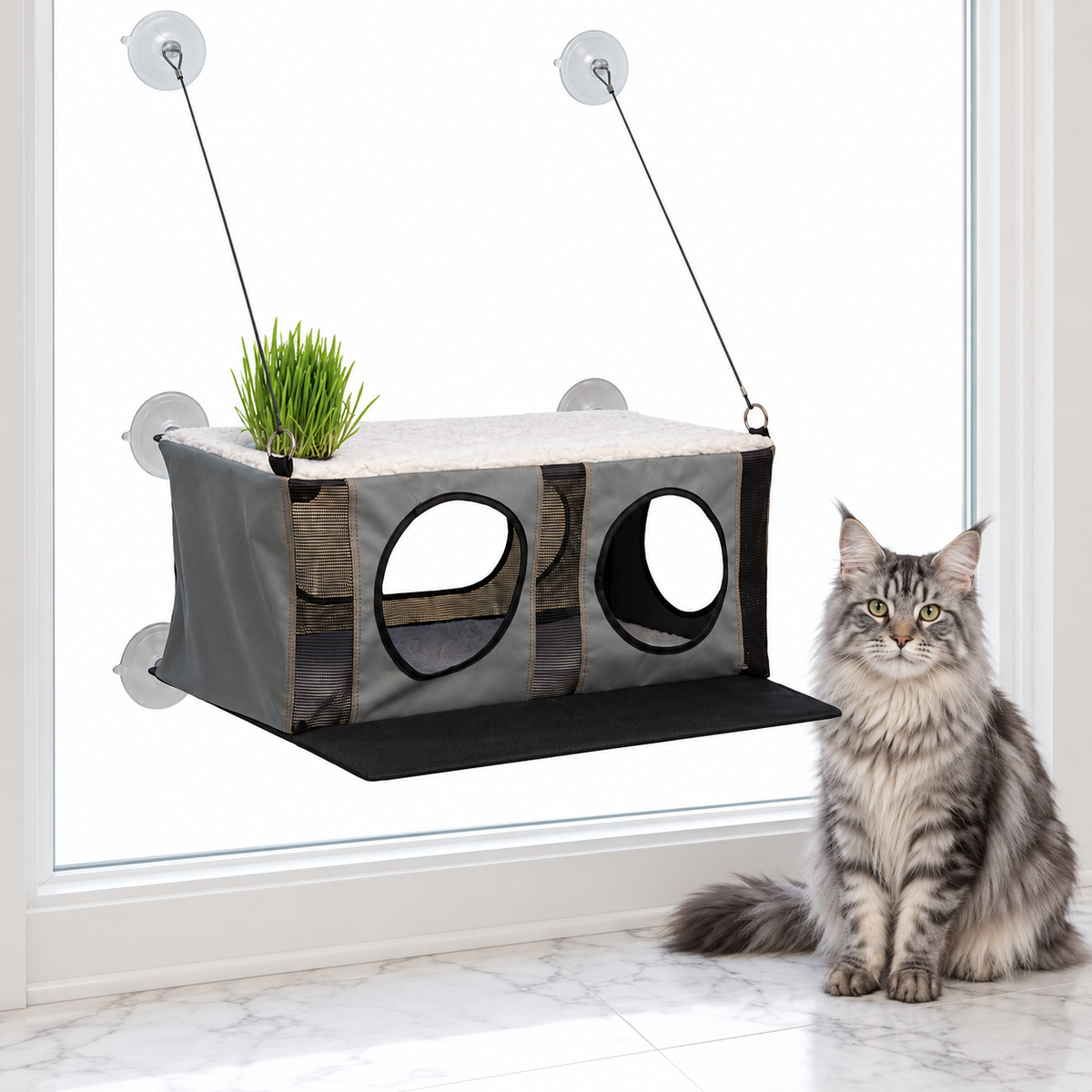 EZ Mount Penthouse Cat Perch with Grass Grow Station — maine coon silver