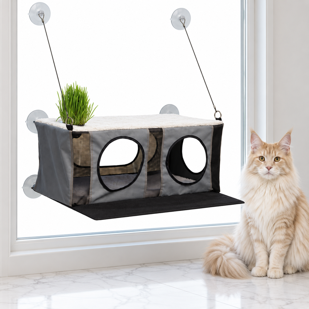 EZ Mount Penthouse Cat Perch with Grass Grow Station — maine coon cream