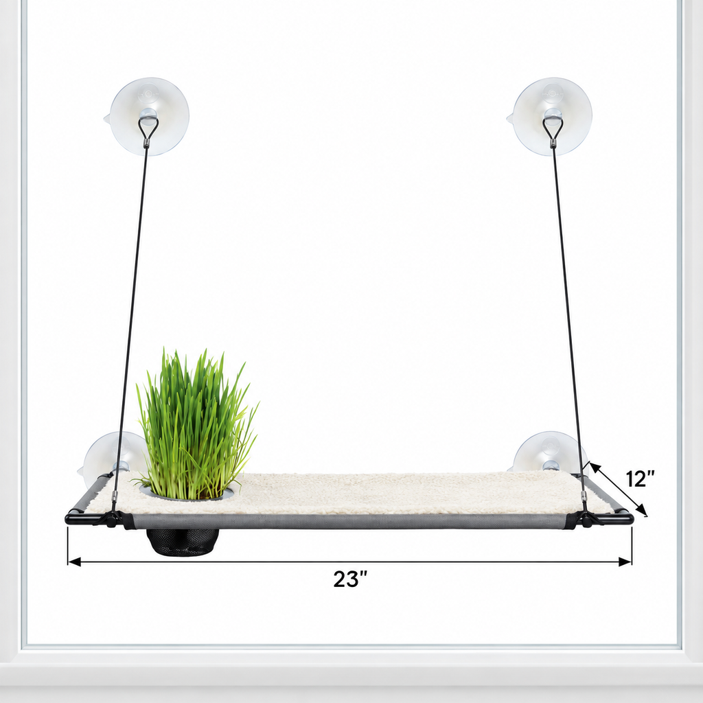 Window Lounger with Cat Grass Grow Station, Single Level — dimensions inches