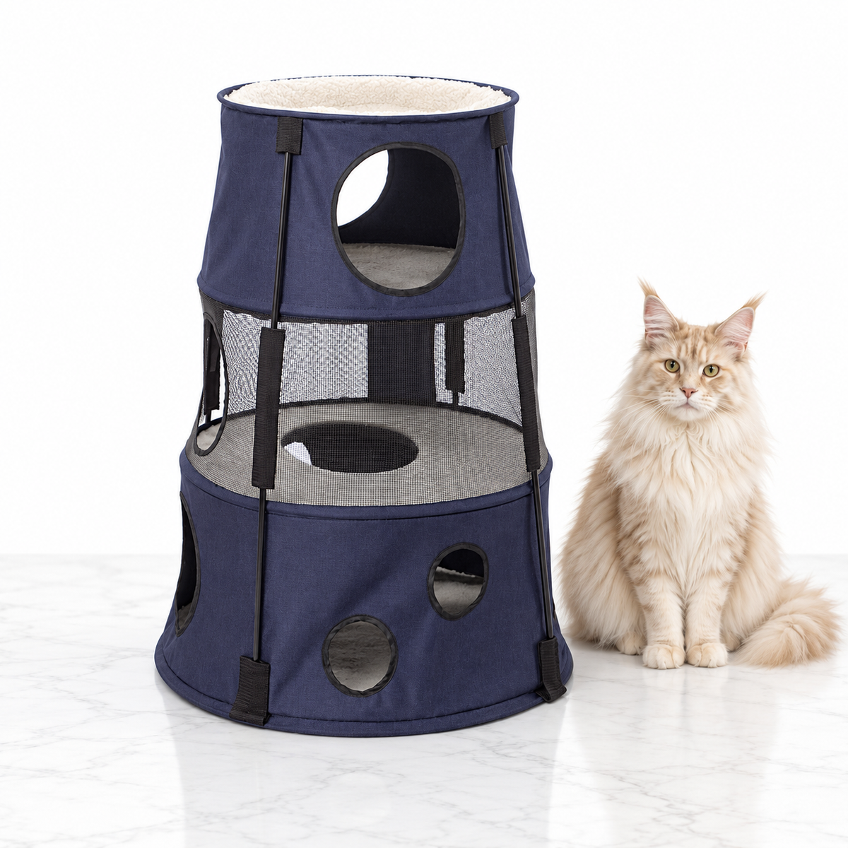 Kitty Tower, Three Story, Dark Denim — maine coon cream