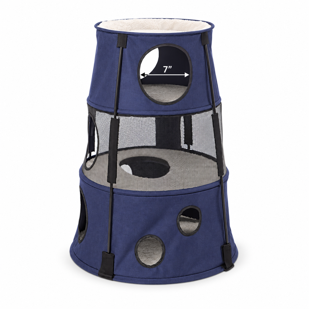 Kitty Tower, Three Story, Dark Denim — dimensions inches