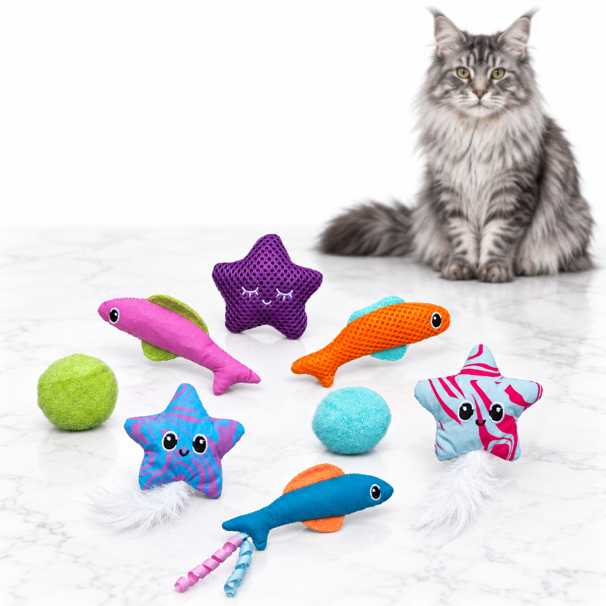 Quirky Kitty Fish Bowl Eight-Piece Toy Set — maine coon silver