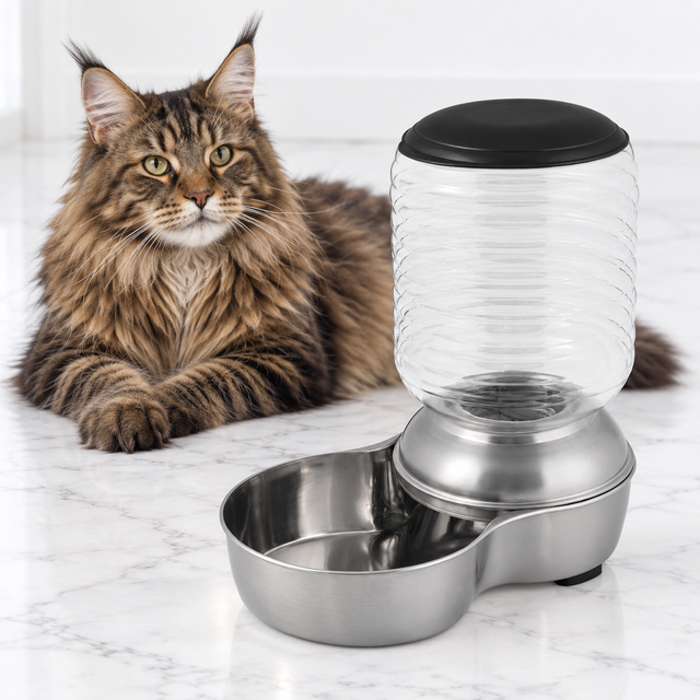 Petmate 5 lb Stainless Steel Replendish Feeder — maine coon brown