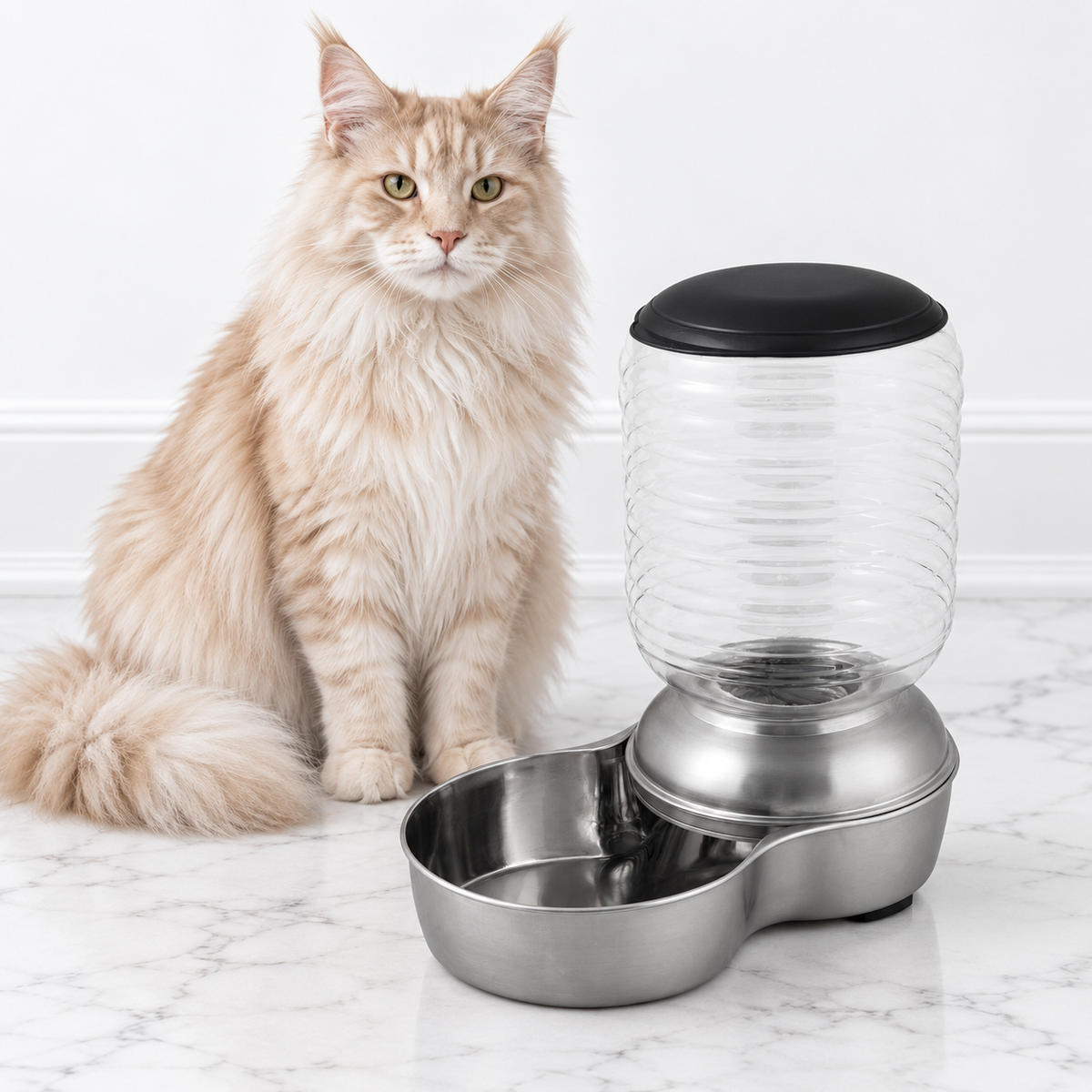 Petmate 5 lb Stainless Steel Replendish Feeder — maine coon cream