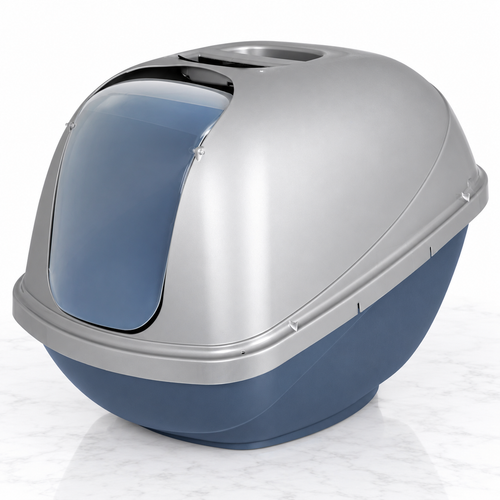 Petmate Basic Hooded Litter Pan, Blue Steel Base/Pearl Silver Hood, Jumbo — hero marble