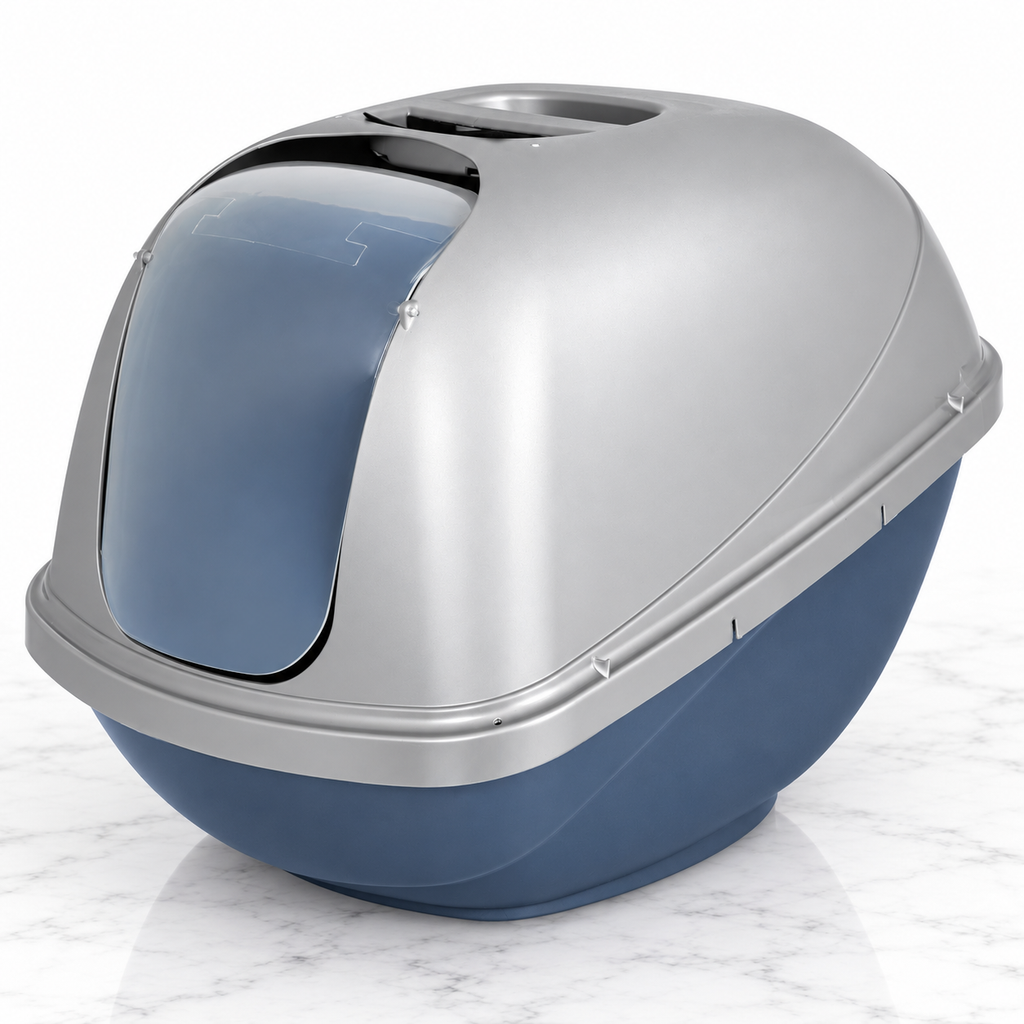 Petmate Basic Hooded Cat Litter Pan — BLUE STEEL BASE/PEARL SILVER HOOD / LARGE — product hero