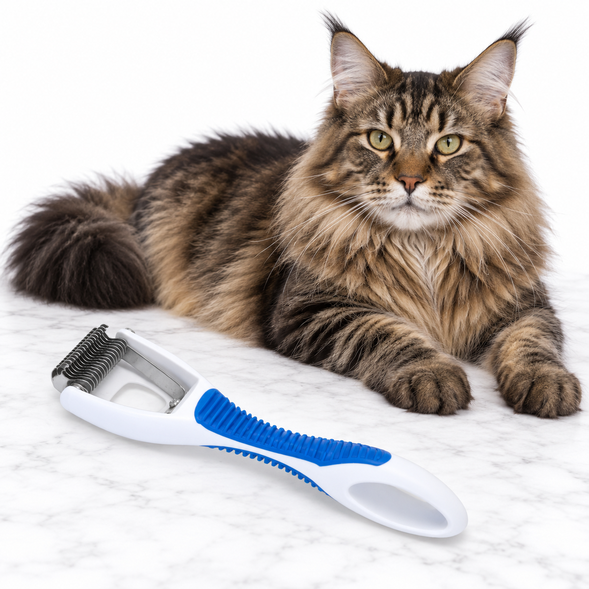 JW Gripsoft Cat Deshedding Tool, Assorted Colours, Blue and White Sample — maine coon brown