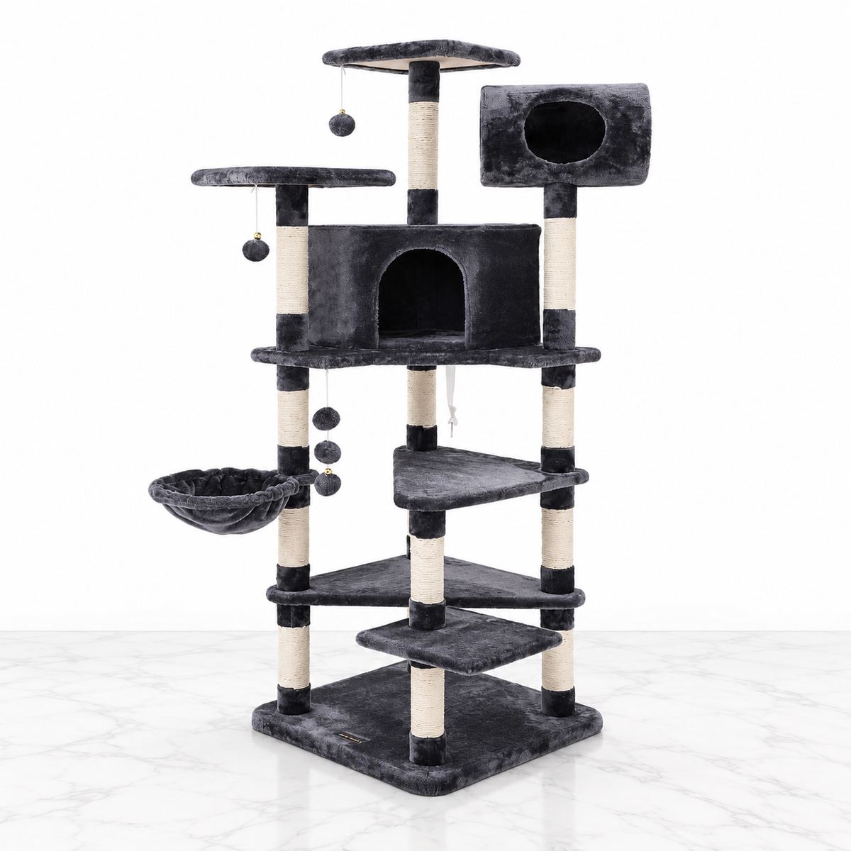 Ashford Manor smoky grey cat tower on white marble with white background