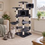 Ashford Manor cat tower in a UK living room with a silver Maine Coon