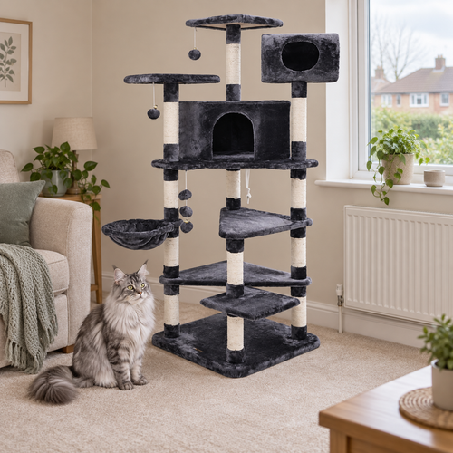 Ashford Manor cat tower in a UK living room with a silver Maine Coon