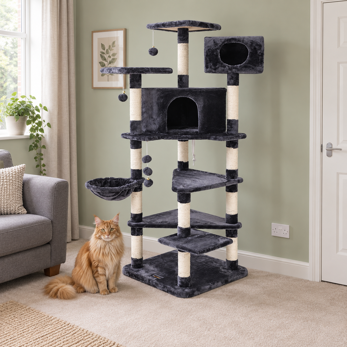Ashford Manor cat tower in a sage UK living room with a ginger Maine Coon
