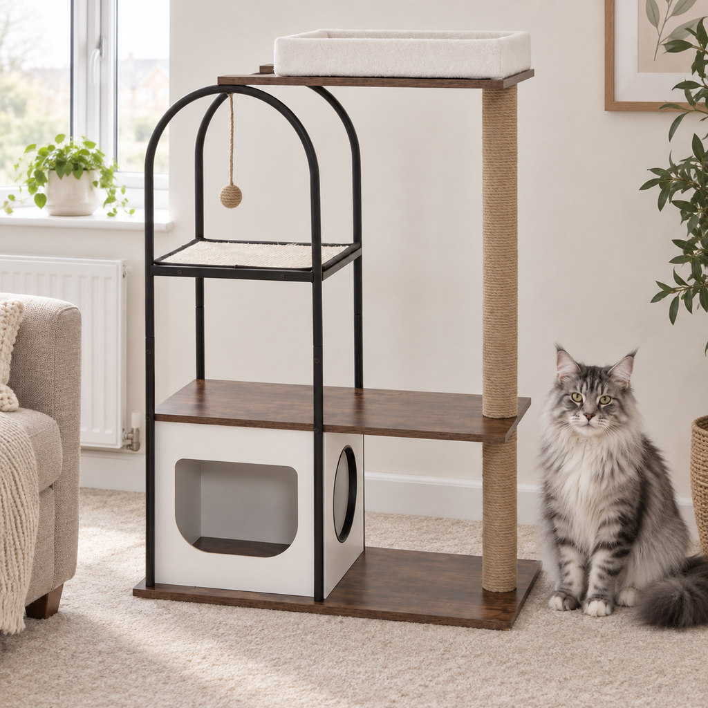 Atelier Loft cat tower with silver Maine Coon in a UK living room