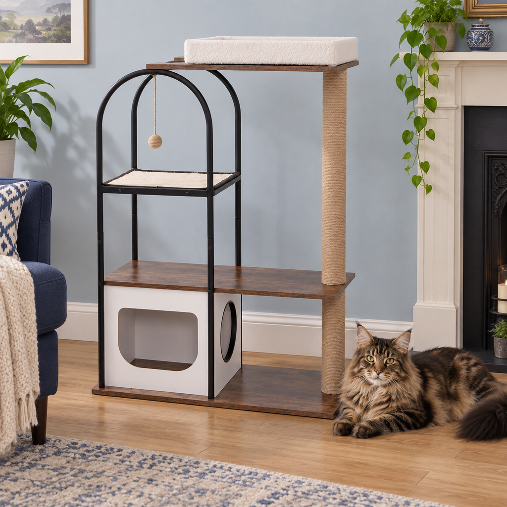 Atelier Loft cat tower with brown Maine Coon in a British terraced living room