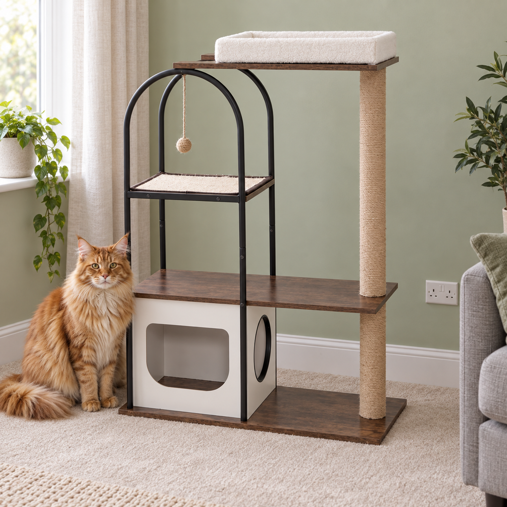 Atelier Loft cat tower with ginger Maine Coon in a sage UK living room