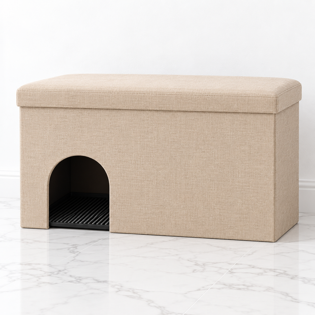 Beige litter box enclosure on white marble
