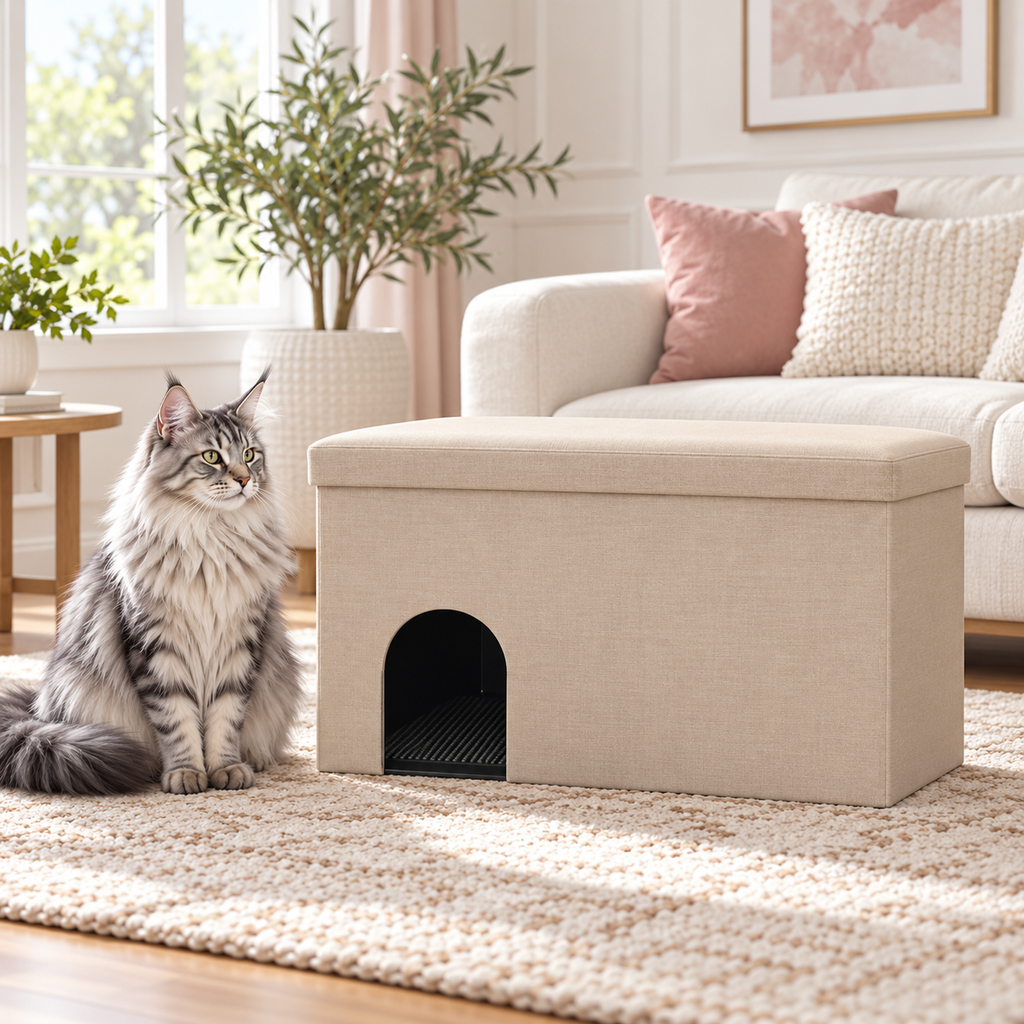Beige litter enclosure beside a silver Maine Coon
