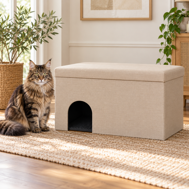 Beige litter enclosure beside a brown Maine Coon