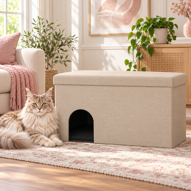 Beige litter enclosure beside a cream Maine Coon