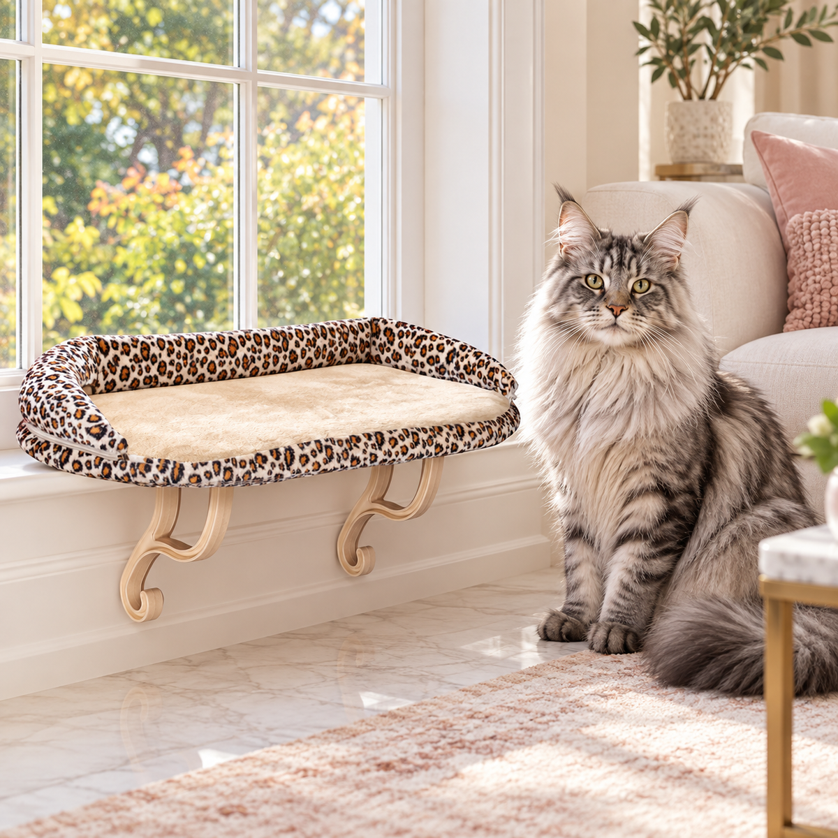 Bolster Window Cat Perch — Leopard Print beside a silver Maine Coon