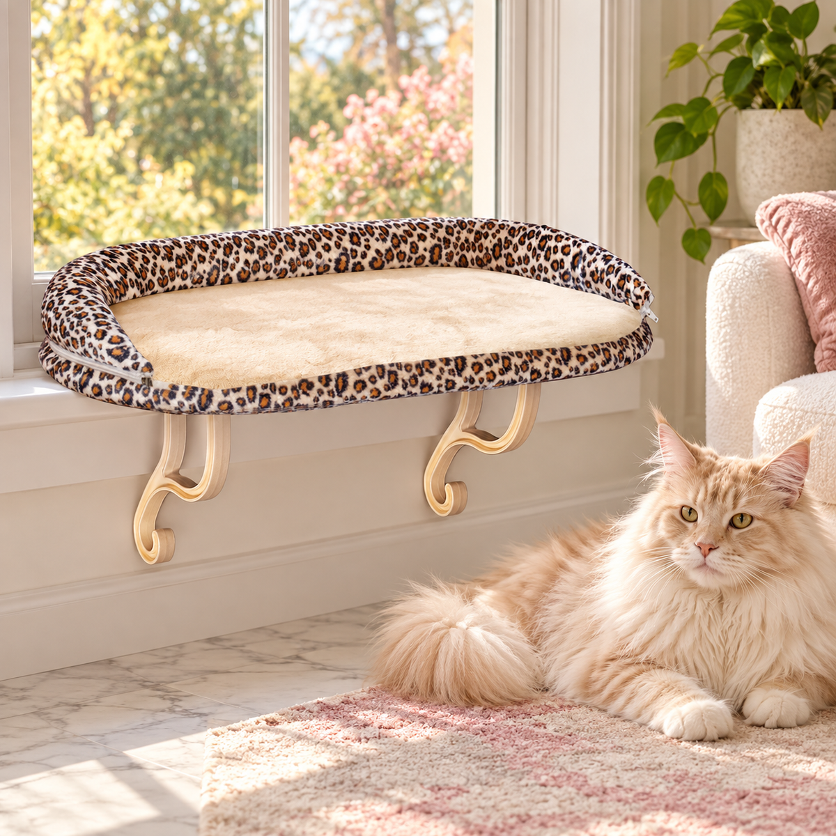 Bolster Window Cat Perch — Leopard Print beside a cream Maine Coon