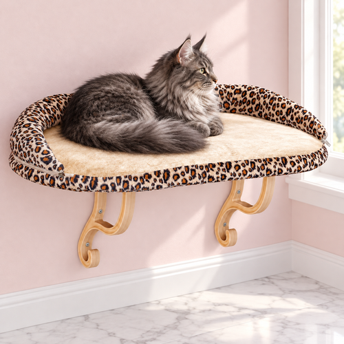 Bolster Window Cat Perch | Leopard Print – The Savannah Sill with a smoky grey Maine Coon in a pale pink room