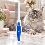 Cat Grooming Comb with Comfort Grip beside a silver Maine Coon