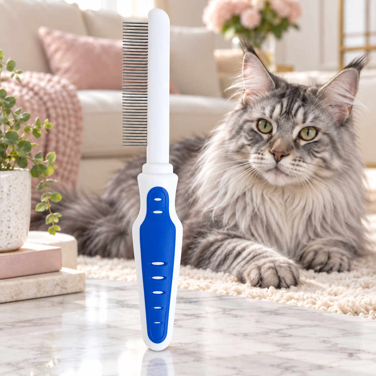 Cat Grooming Comb with Comfort Grip beside a silver Maine Coon