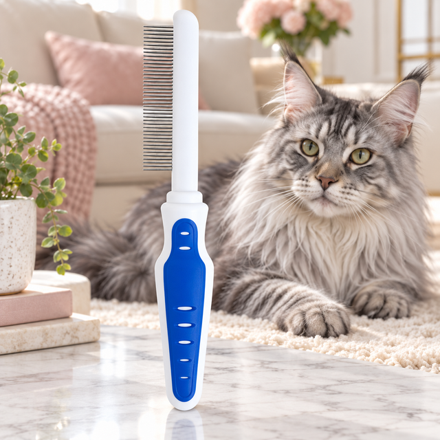 Cat Grooming Comb with Comfort Grip beside a silver Maine Coon
