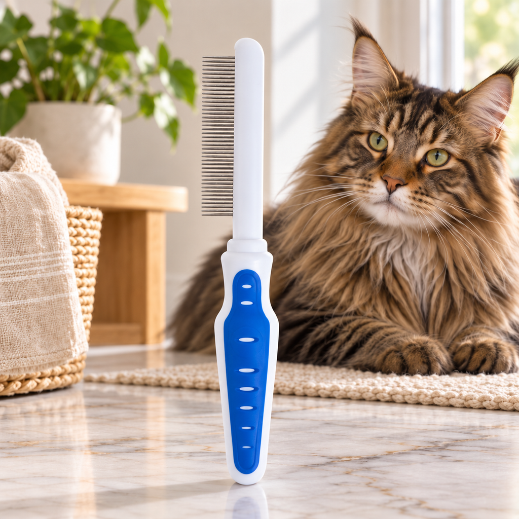 Cat Grooming Comb with Comfort Grip beside a brown Maine Coon