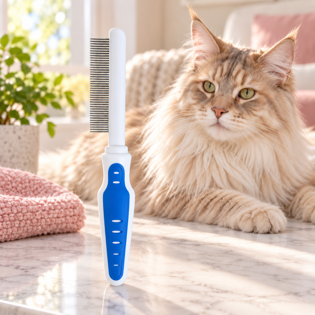Cat Grooming Comb with Comfort Grip beside a cream Maine Coon