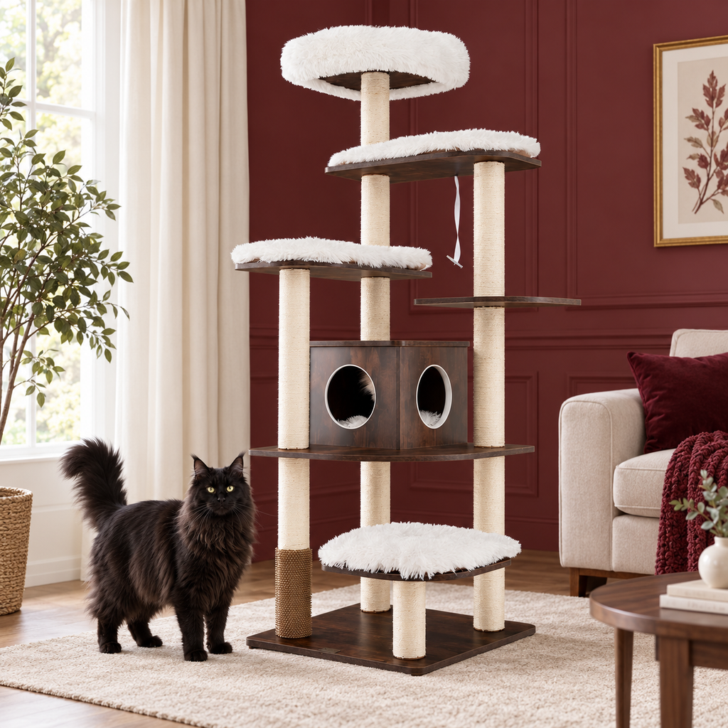 Chestnut Retreat tower in a burgundy room with a black Maine Coon beside its base