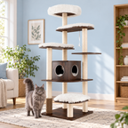 Chestnut Retreat tower in a blue room with a grey Maine Coon beside its base