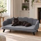 Extra-large grey cat sofa with a black Maine Coon