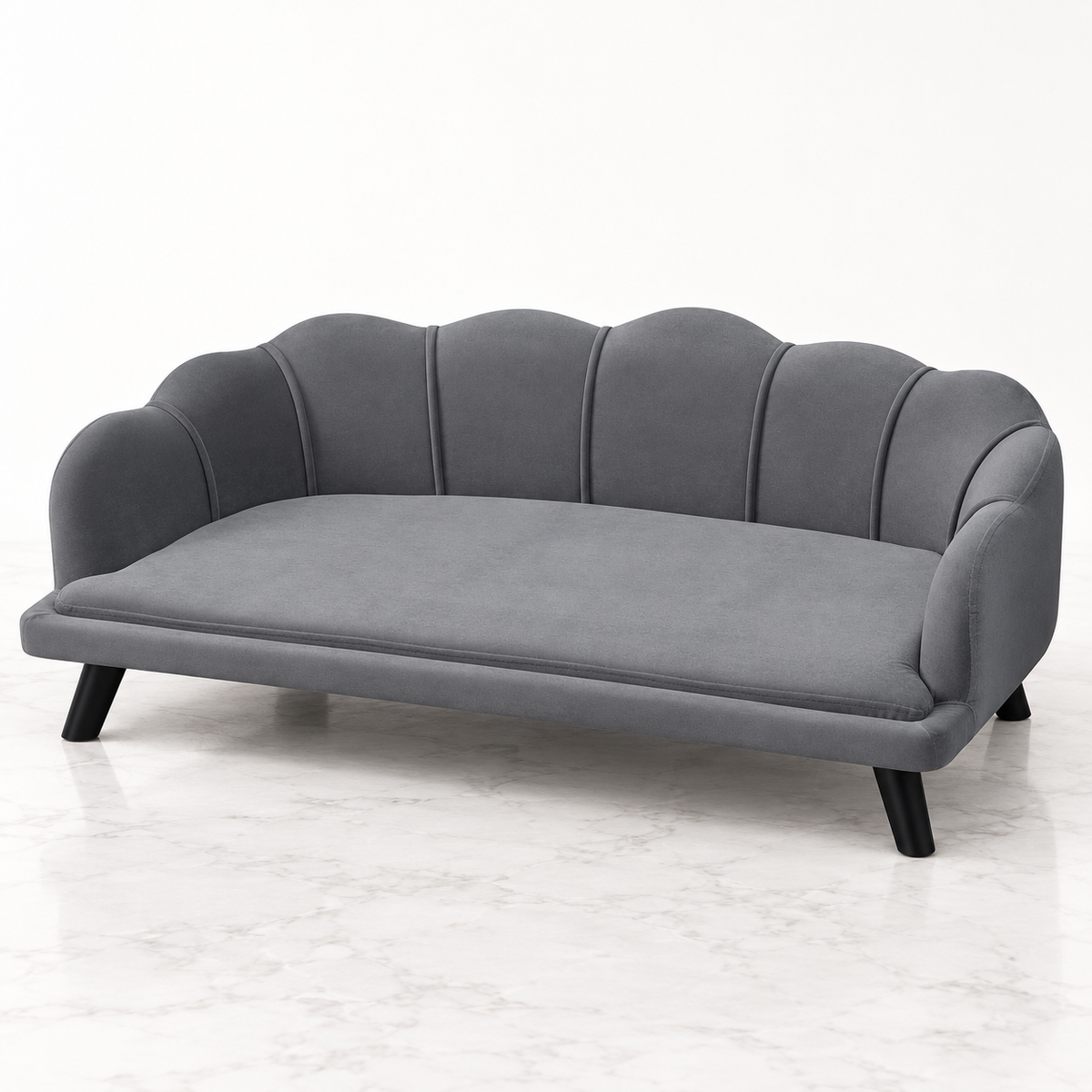 Extra-large grey Maine Coon pet sofa on light marble