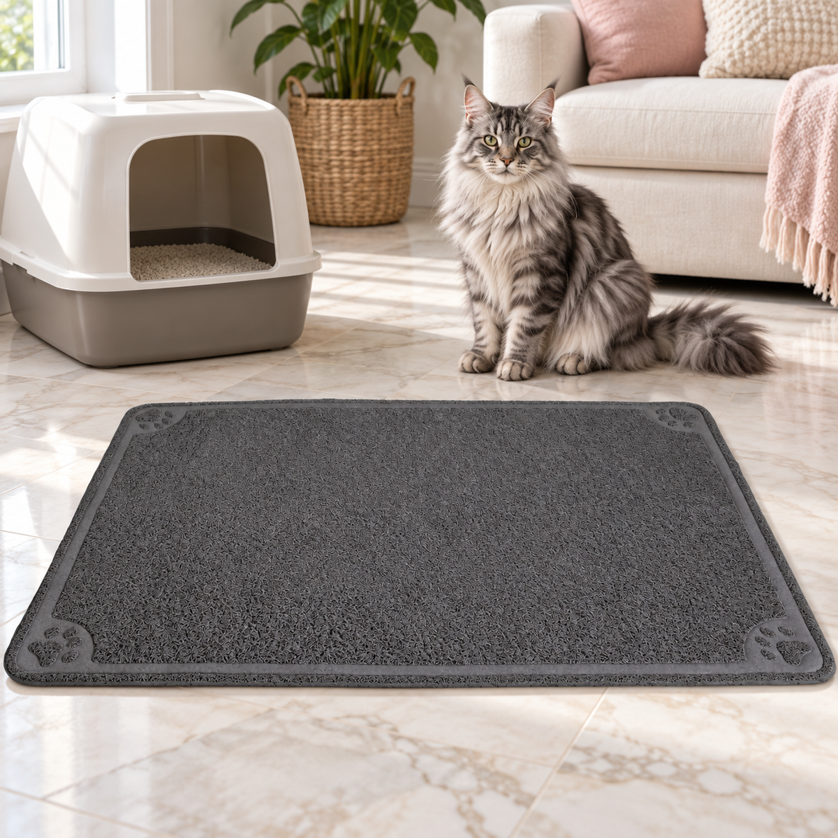 Extra-Large Litter Catcher Mat — 47 × 32 Inches beside a silver Maine Coon