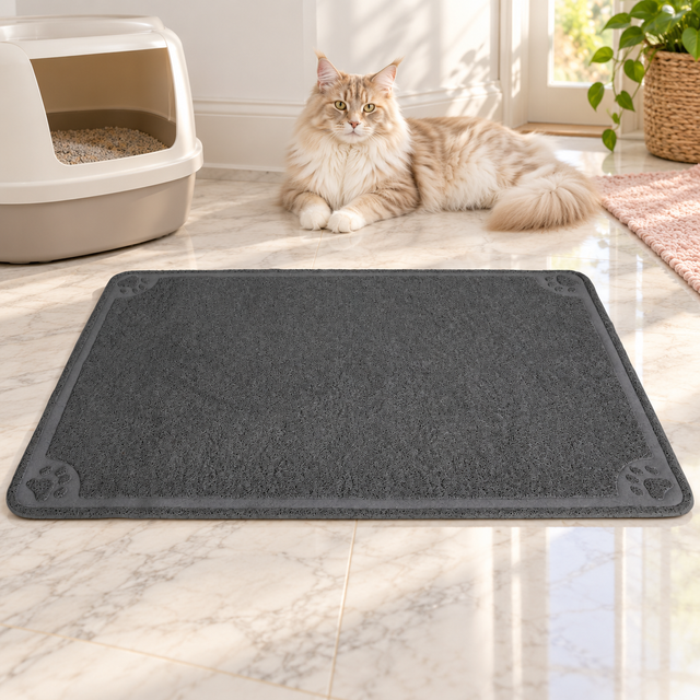 Extra-Large Litter Catcher Mat — 47 × 32 Inches beside a cream Maine Coon