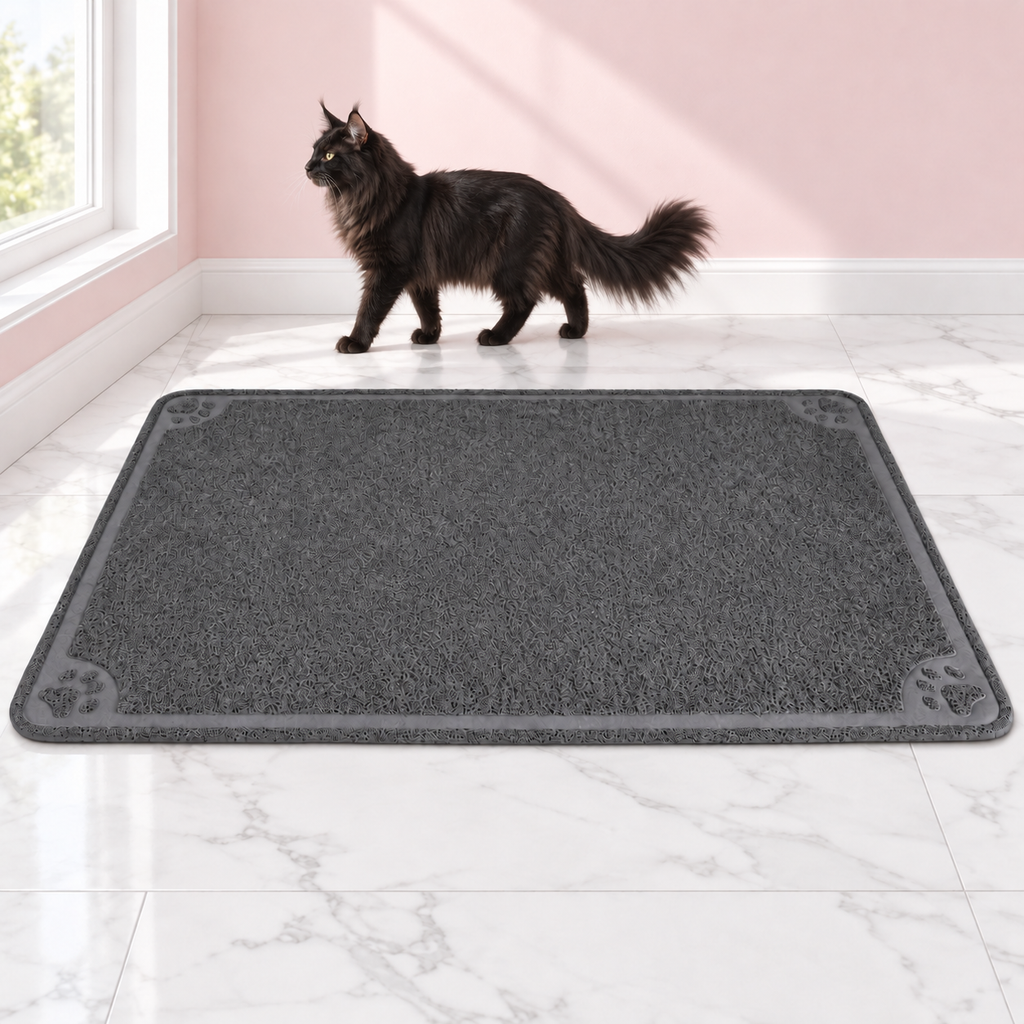 Extra-Large Cat Litter Mat 47 × 32 Inches – The Litter Landing with a black Maine Coon in a pale pink room