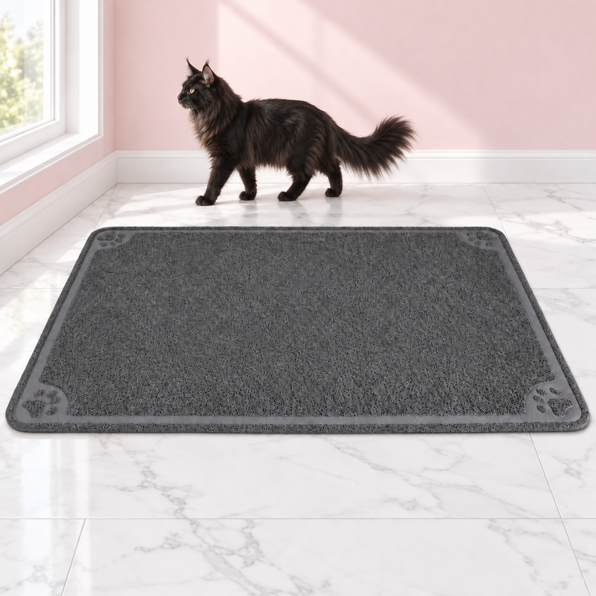 Extra-Large Cat Litter Mat 47 × 32 Inches – The Litter Landing with a black Maine Coon in a pale pink room