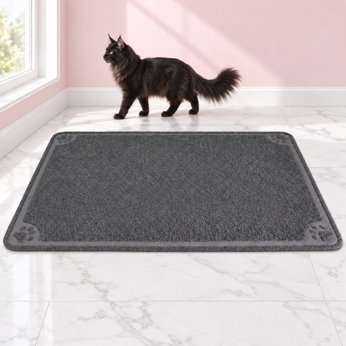Extra-Large Cat Litter Mat 47 × 32 Inches – The Litter Landing with a black Maine Coon in a pale pink room