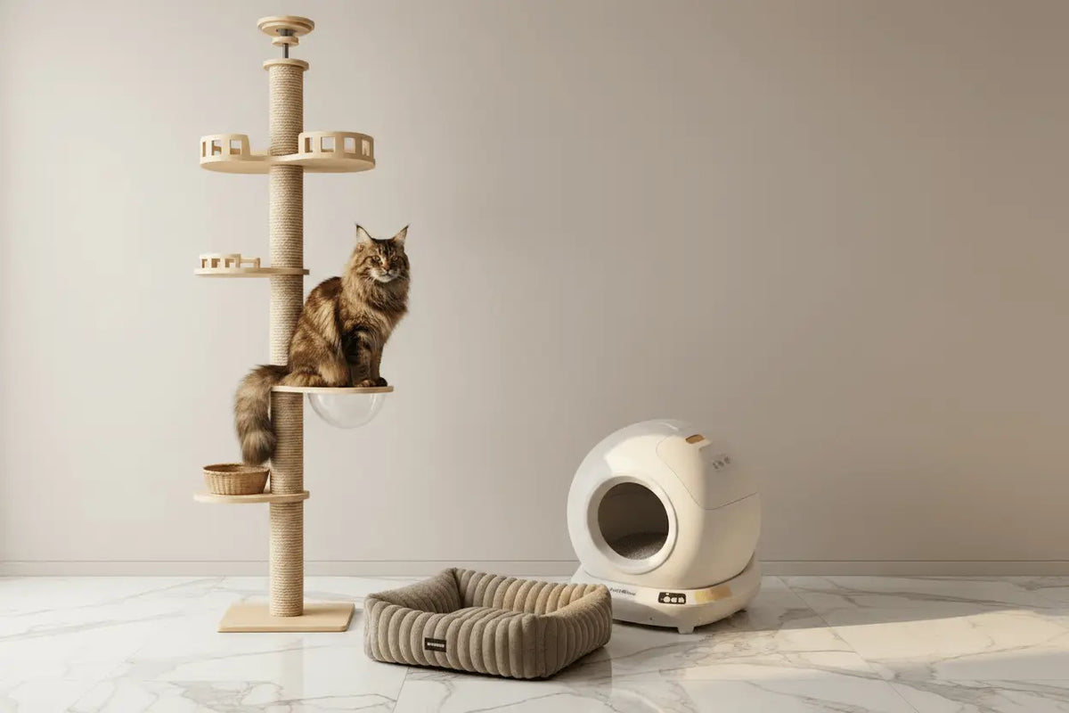 Tabby cat on a clear bowl perch of a floor-to-ceiling tower beside a white globe litter tray and ribbed bed.