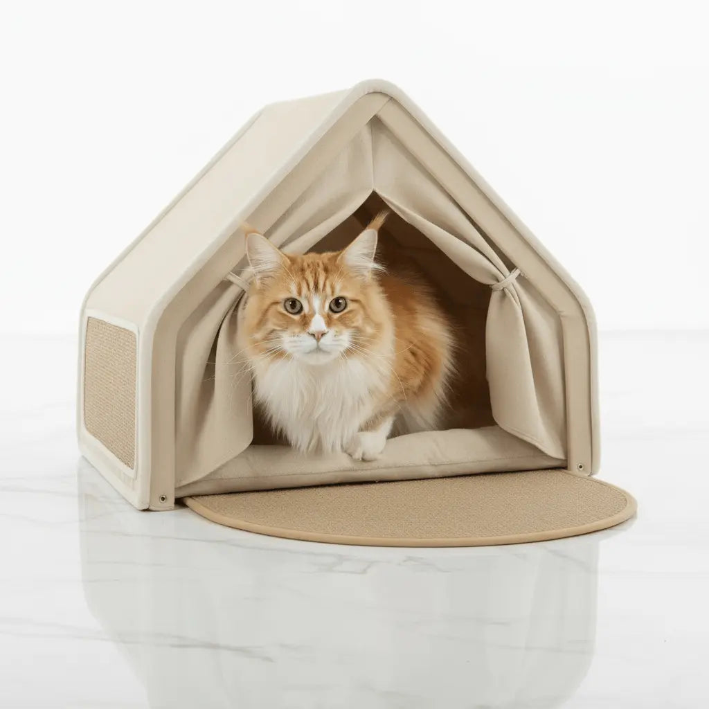 Orange-and-white cat sitting inside a beige peaked-roof tent with tied-back curtains and an extended front mat.