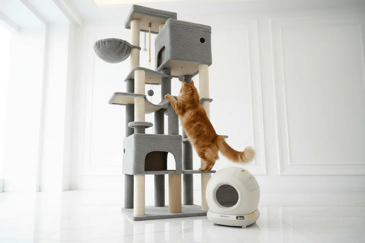 Orange cat reaching towards a charcoal cat tower beside a white globe litter tray
