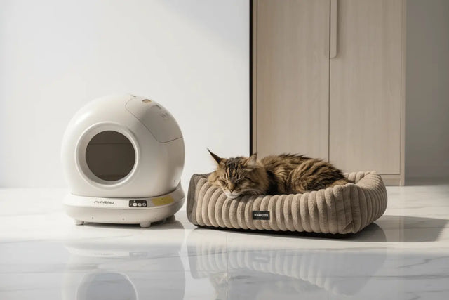Globe litter tray beside a ribbed cat bed with a tabby cat in the supplied lifestyle image