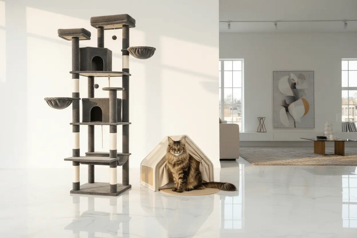 Charcoal tower with side baskets beside a beige tent with a tabby cat at the entrance.