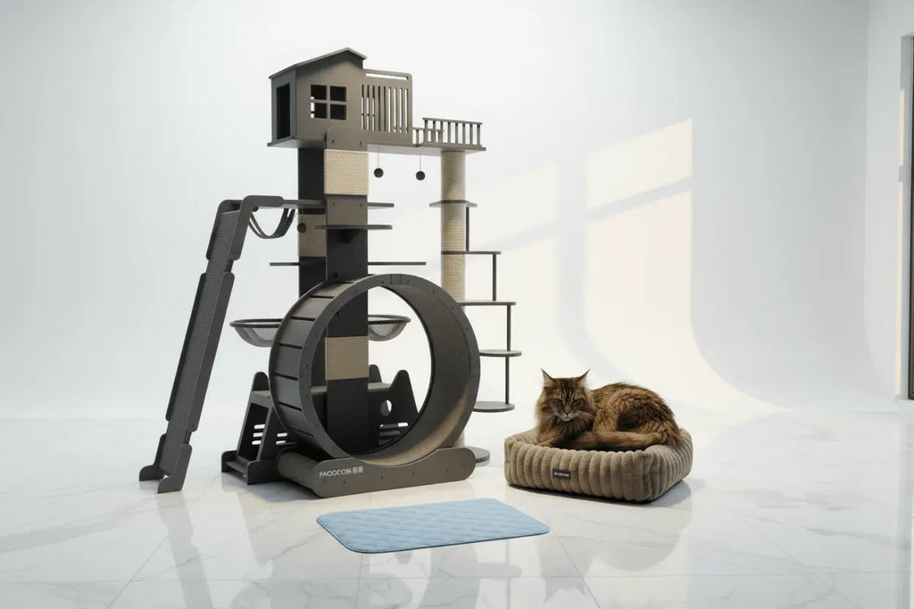Activity tower with wheel and ramp beside a blue mat and ribbed bed holding a tabby cat.