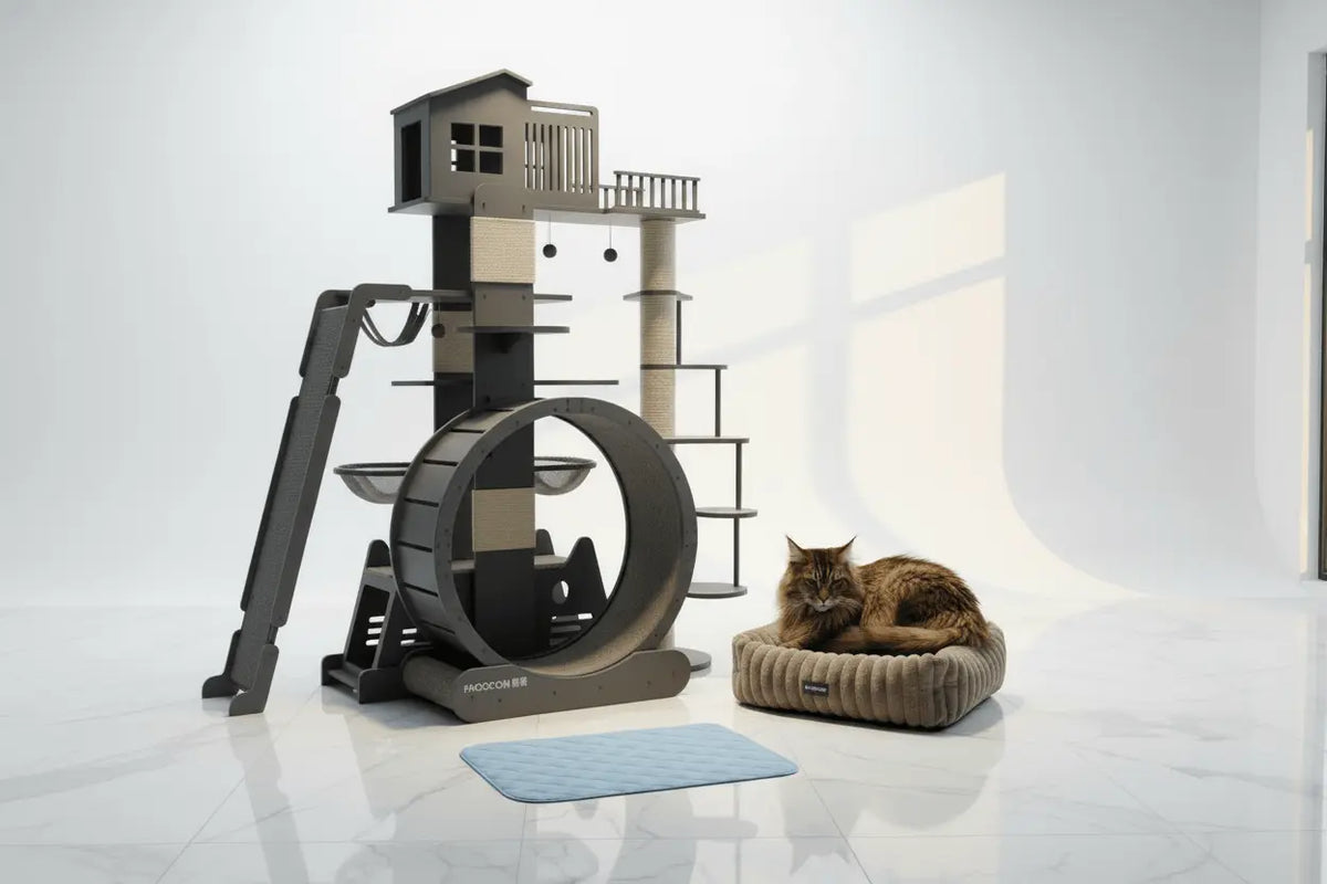 Activity tower with wheel and ramp beside a blue mat and ribbed bed holding a tabby cat.