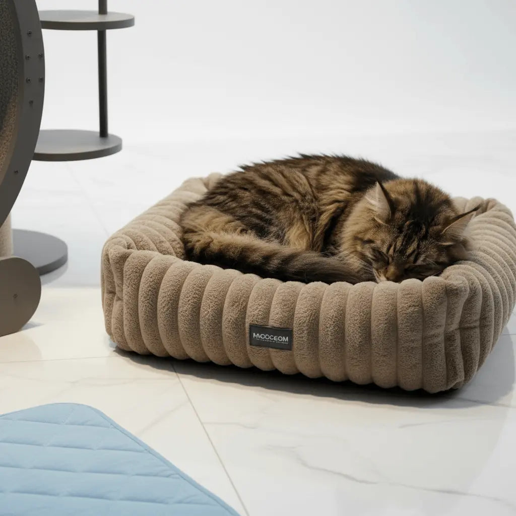 Tabby cat resting in a ribbed bolster bed beside part of an exercise wheel and a blue quilted mat.