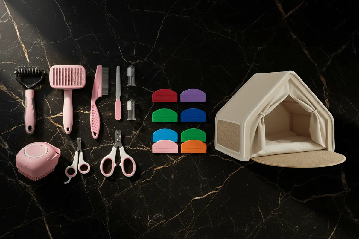 Pink grooming tools, coloured pouch squeezers and a beige tent-style hideaway arranged on black marble.